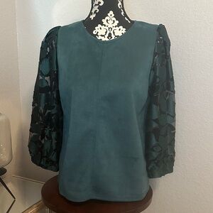 THML Teal Velvet Front Top with Sheer Textured Balloon Sleeves